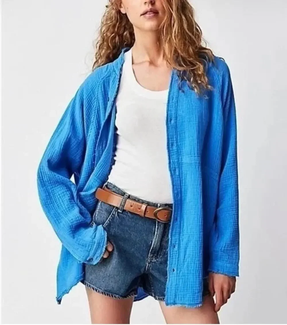 We the free blue summer day dream button down tunic shirt size medium